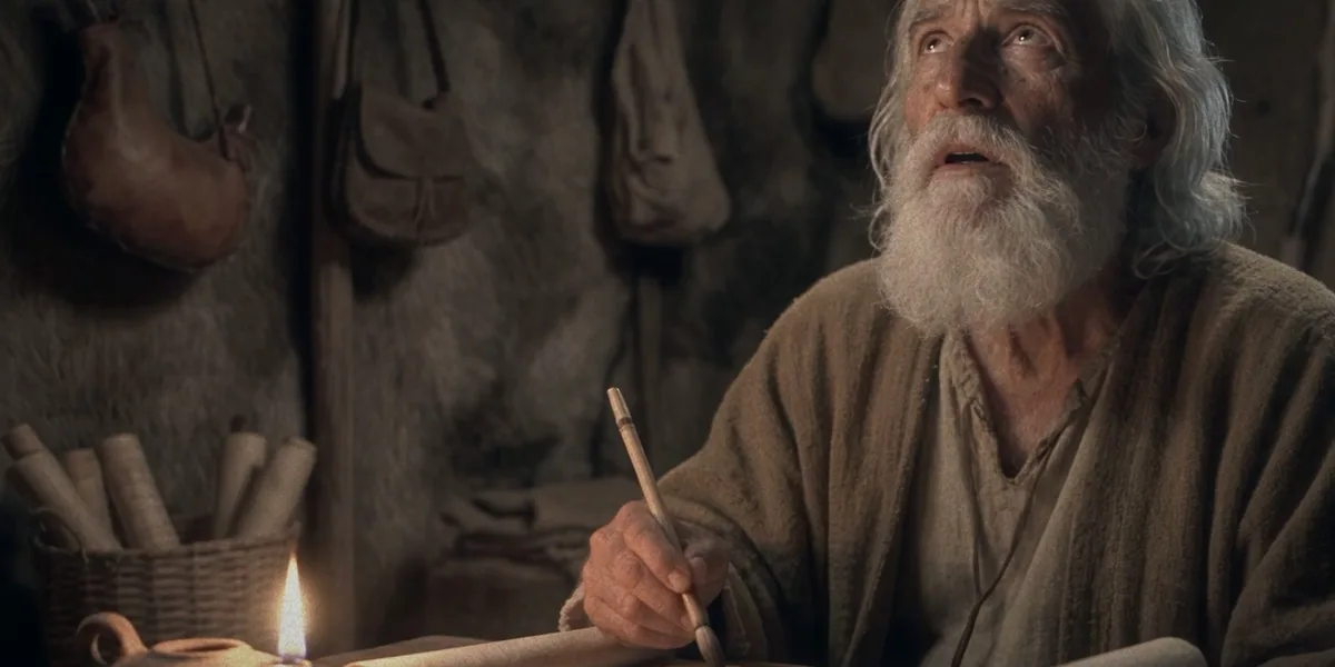 Moses writing by lamplight