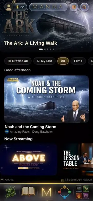 Scrolling through the MANNA app home screen: The Ark, Noah and the Coming Storm, Now Streaming, and Featured