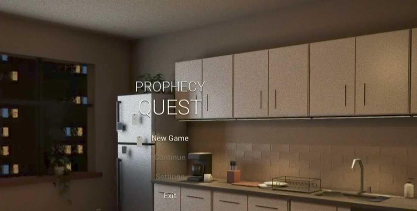 Prophecy Quest concept footage: the title menu over the apartment