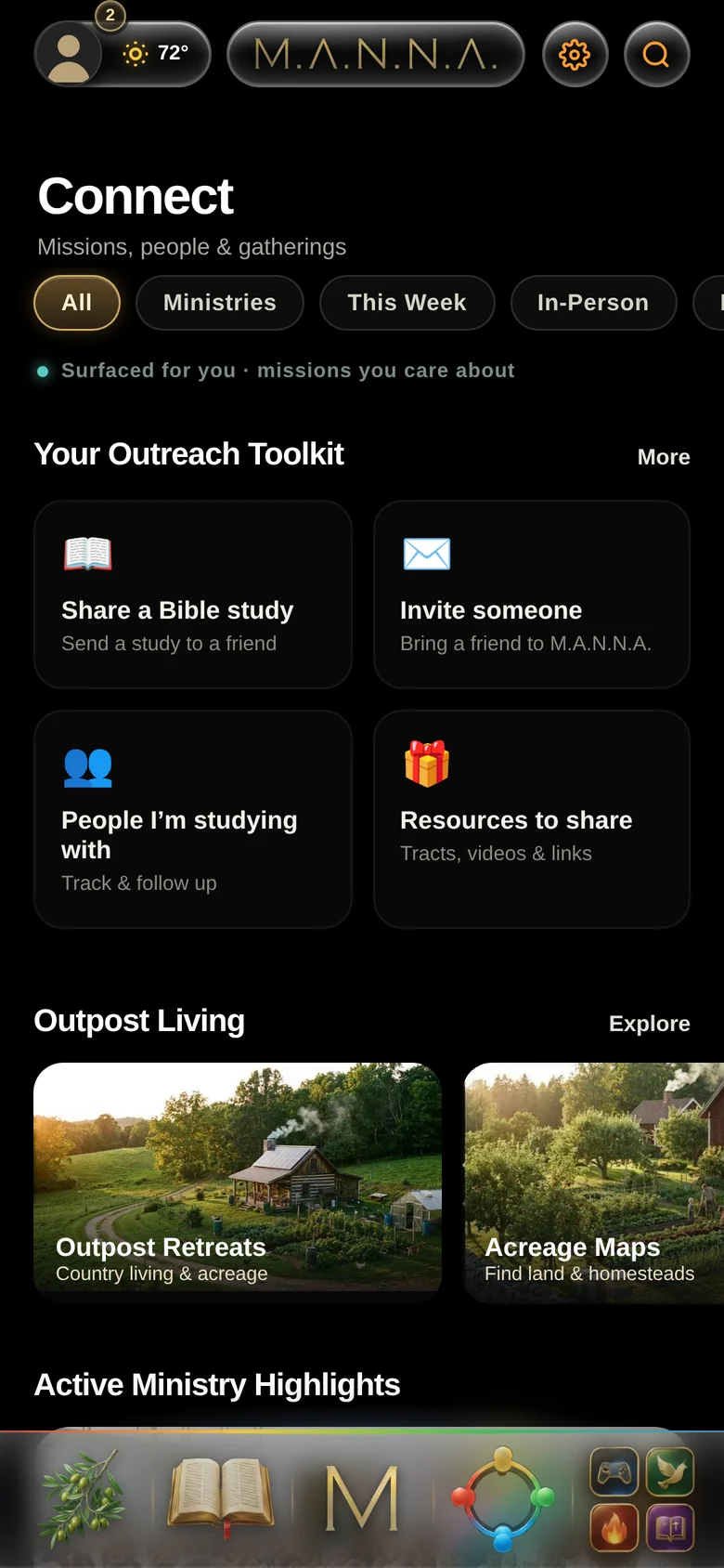 The Connect tab: request a free Bible study, ask someone to visit, or find a small group