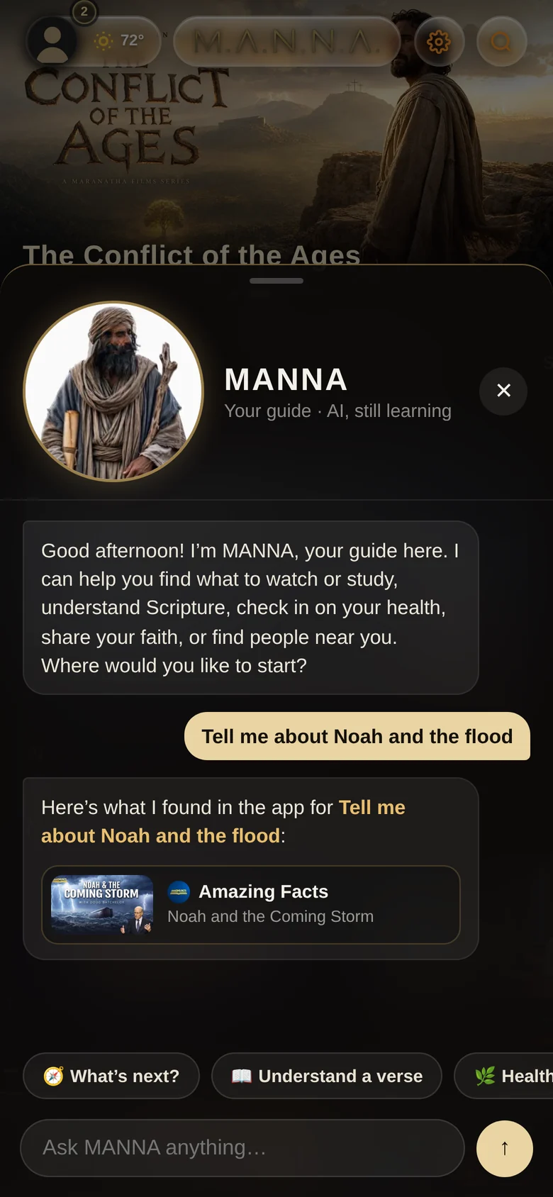 MANNA answering a question about Noah with a suggested video
