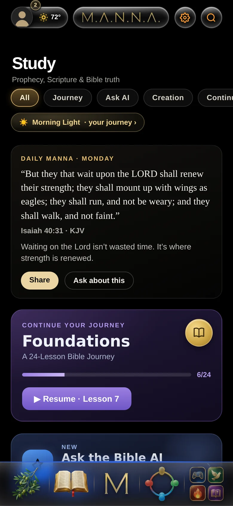 The Study tab with Daily Manna and the Foundations journey