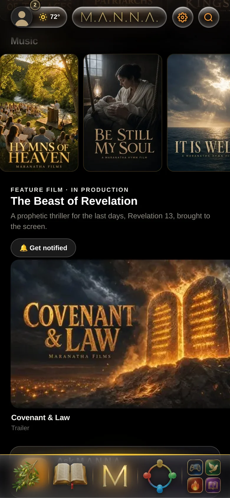 MANNA showing Maranatha hymn films, The Beast of Revelation, and Covenant and Law