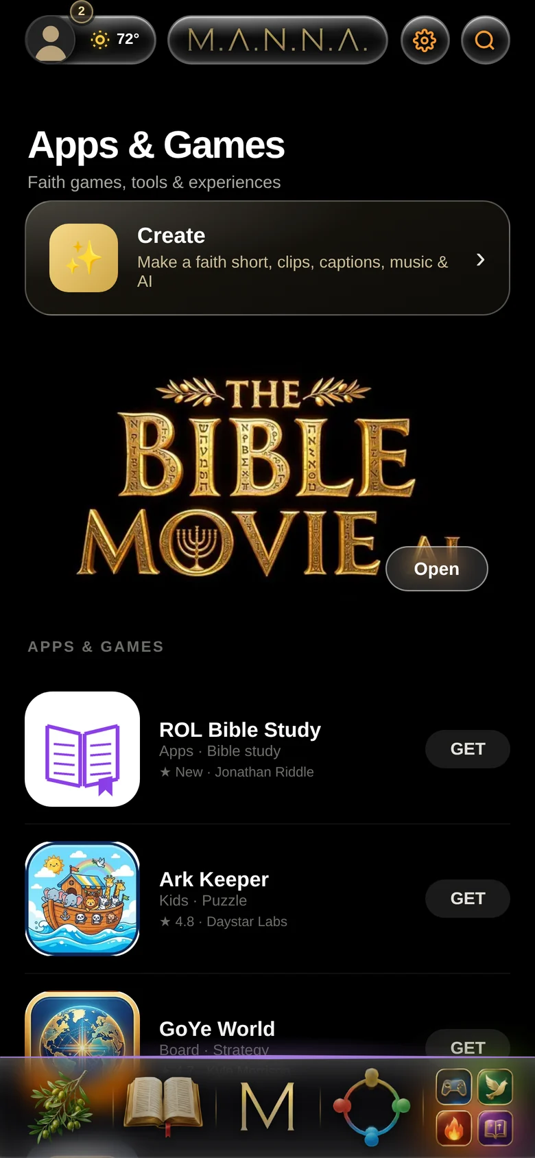 The Apps and Games tab featuring The Bible Movie